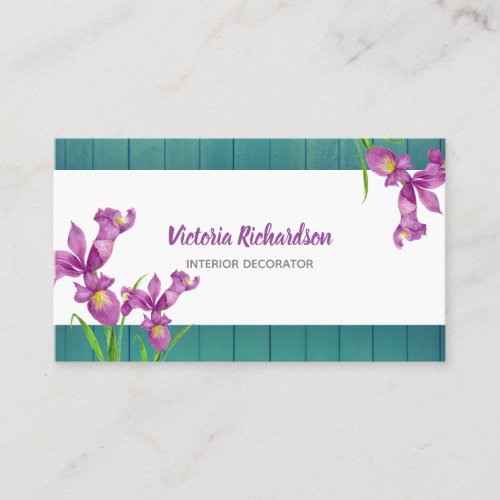 Rustic Watercolor Purple Irises Floral Design Business Card