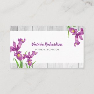 Rustic Watercolor Purple Irises Floral Design Business Card