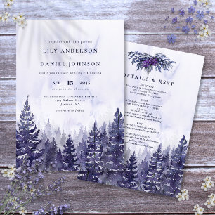 Rustic Watercolor Purple Pine Tree Forest Wedding Invitation