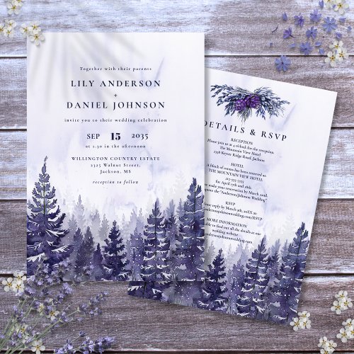 Rustic Watercolor Purple Pine Tree Forest Wedding Invitation