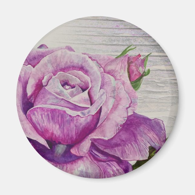 Rustic Watercolor Purple Rose Wood Magnet (Front)