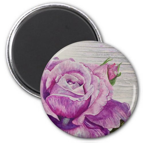 Rustic Watercolor Purple Rose Wood Magnet