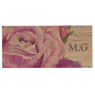 Rustic Watercolor Purple Rose Wood Monogram Flash Drive