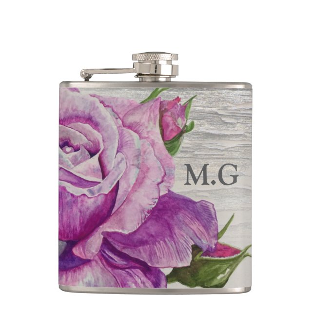 Rustic Watercolor Purple Rose Wood Monogram Flask (Front)