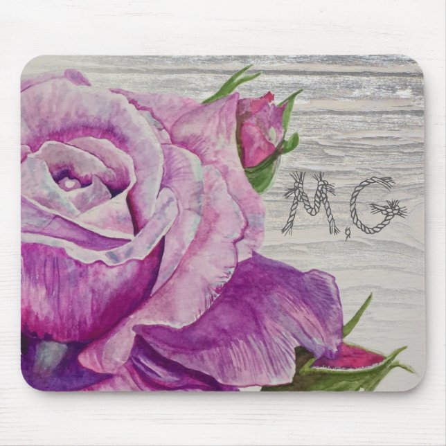 Rustic Watercolor Purple Rose Wood Monogram Mouse Pad (Front)