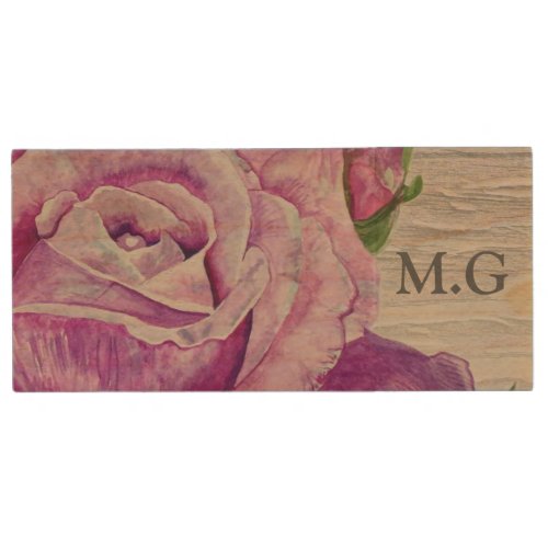 Rustic Watercolor Purple Rose Wood Monogram Wood Flash Drive