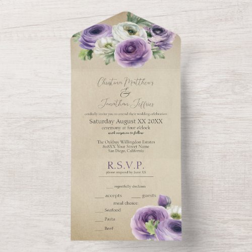 Rustic Watercolor Purple  White Ranunculus All In One Invitation