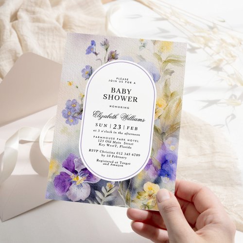 Rustic Watercolor Purple  Yellow Baby Shower Invitation