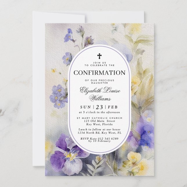 Rustic Watercolor Purple & Yellow Confirmation Invitation (Front)