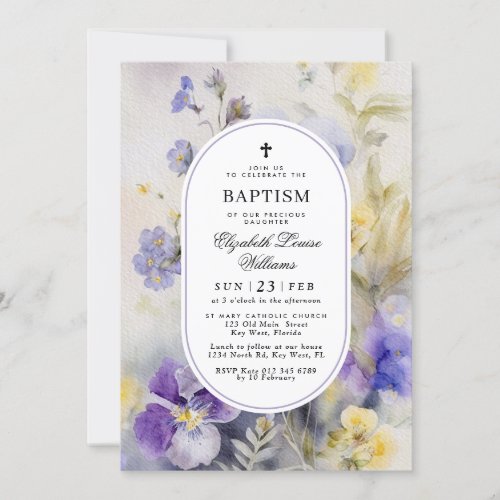 Rustic Watercolor Purple  Yellow Flowers Baptism Invitation