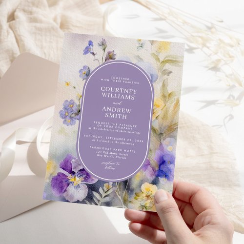 Rustic Watercolor Purple  Yellow Flowers Wedding Invitation