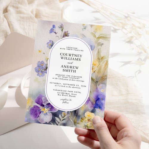 Rustic Watercolor Purple  Yellow Flowers Wedding Invitation