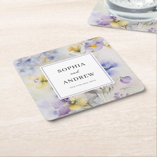Rustic Watercolor Purple  Yellow Flowers Wedding Square Paper Coaster