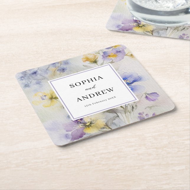 Rustic Watercolor Purple & Yellow Flowers Wedding Square Paper Coaster (Angled)