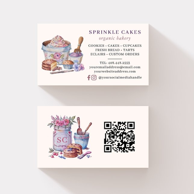 Rustic Watercolor QR Code Bakery  Business Card (Creator Uploaded)