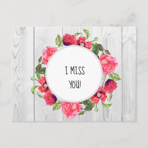 Rustic Watercolor Red and Pink Flowers Wreath Postcard