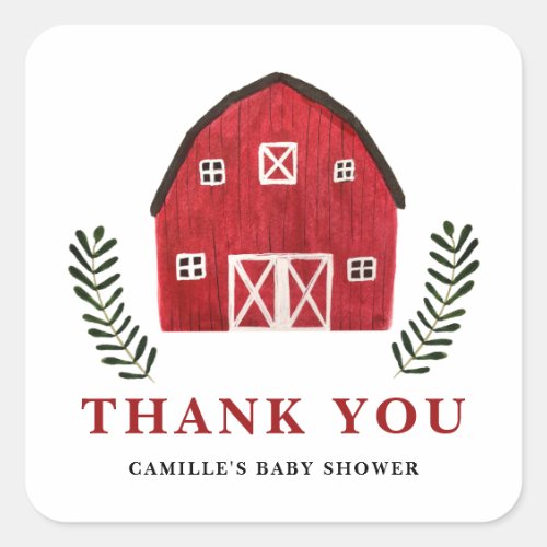 Rustic Watercolor Red Barn Baby Shower Thank You Square Sticker