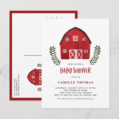 Rustic Watercolor Red Barn Farmhouse Baby Shower Invitation Postcard