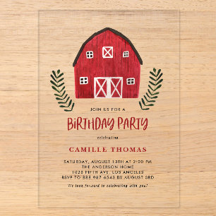Rustic Watercolor Red Barn Farmhouse Birthday Acrylic Invitations