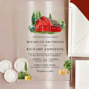 Rustic Watercolor Red Barn Rural Farm Wedding Acrylic Invitations