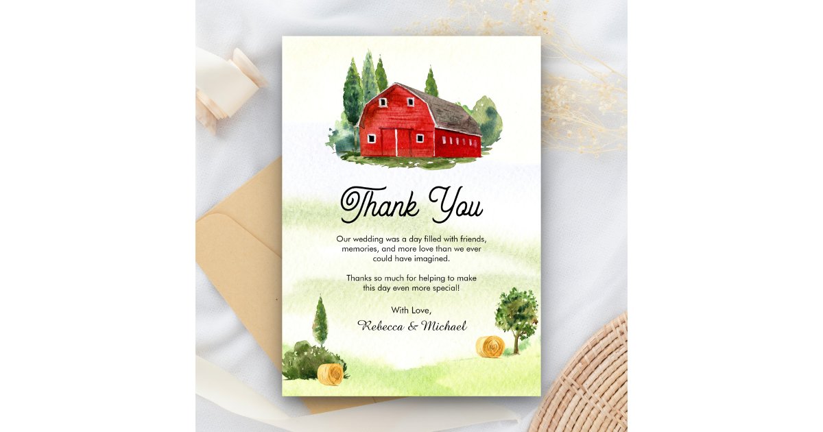 Rustic Watercolor Red Barn Rural Farm Wedding Thank You Card | Zazzle