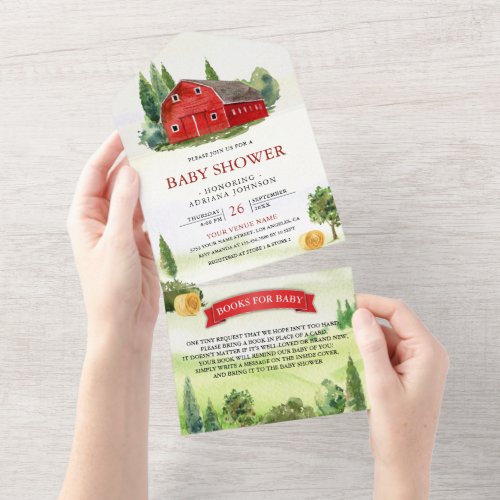 Rustic Watercolor Red Barnyard Farm Baby Shower All In One Invitation