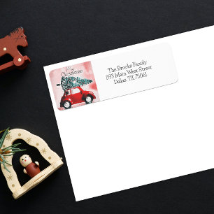 Rustic Watercolor Red Car Christmas Label
