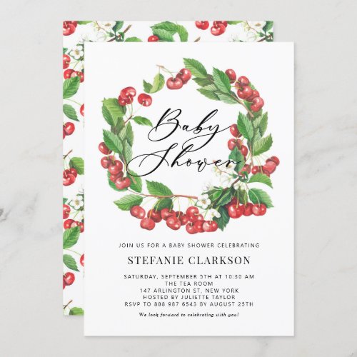 Rustic Watercolor Red Cherries Wreath Baby Shower Invitation