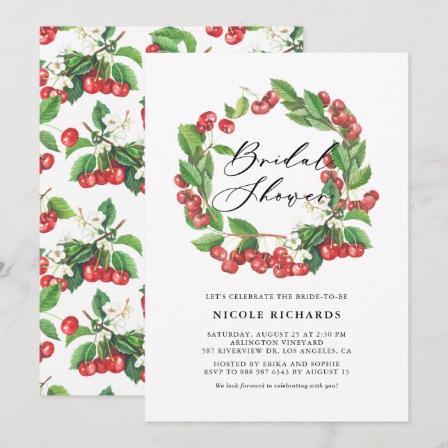 Rustic Watercolor Red Cherry Wreath Bridal Shower Invitation (Front/Back)