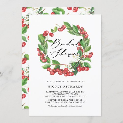 Rustic Watercolor Red Cherry Wreath Bridal Shower Invitation