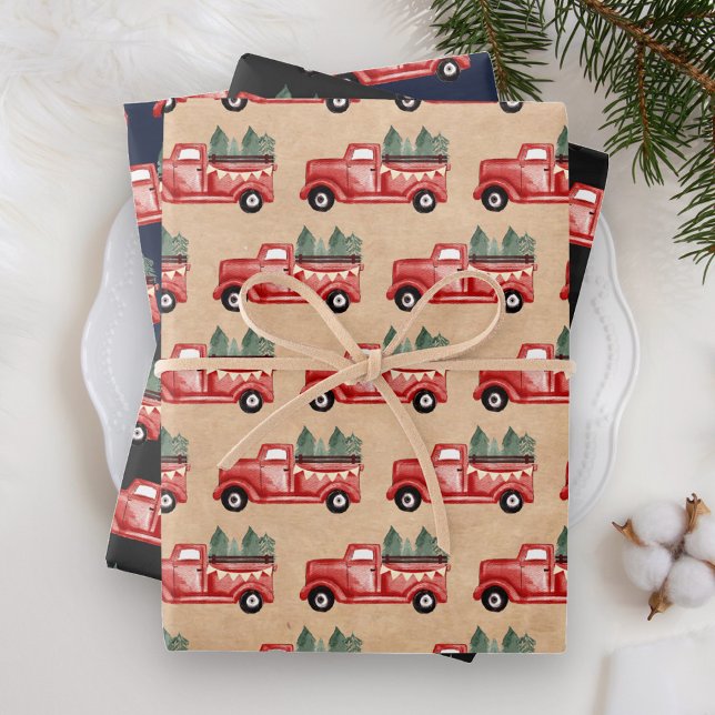 Rustic Watercolor Red Christmas Truck Wrapping Paper Sheets (Creator Uploaded)