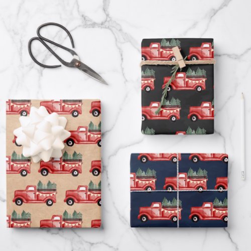 Rustic Watercolor Red Christmas Truck Wrapping Paper Sheets