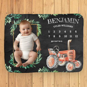 Rustic Watercolor Red Farm Tractor Milestone Baby Blanket