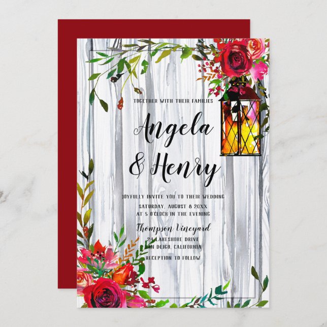 Rustic Watercolor Red Florals and Lantern Wedding Invitation (Front/Back)