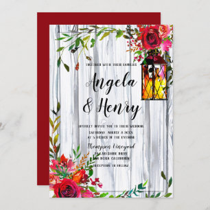 Rustic Watercolor Red Florals and Lantern Wedding Invitation