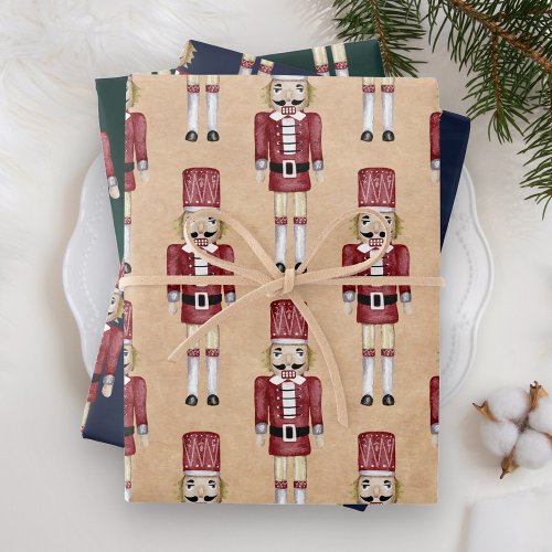 Rustic Watercolor Red Nutcracker Pattern Christmas Wrapping Paper Sheets