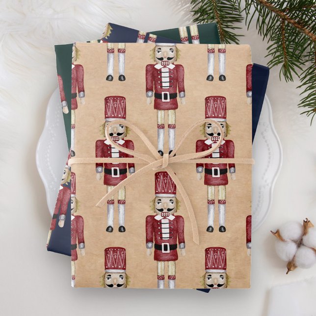 Rustic Watercolor Red Nutcracker Pattern Christmas Wrapping Paper Sheets (Creator Uploaded)
