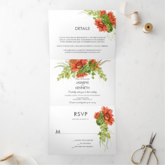 Rustic Watercolor Red/Orange Sunflowers Greenery | Tri-Fold Invitation