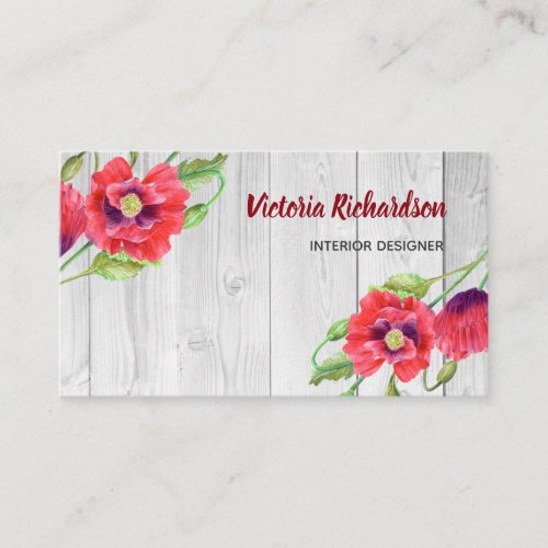 Rustic Watercolor Red Poppies Floral Design Business Card