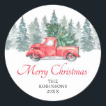 Rustic Watercolor Red Truck Christmas Holidays Classic Round Sticker<br><div class="desc">Rustic christmas winter theme stickers featuring a simple white background,  watercolor spruce trees,  a vintage red truck,  a xmas tree,  season greetings,  name,  and date.</div>