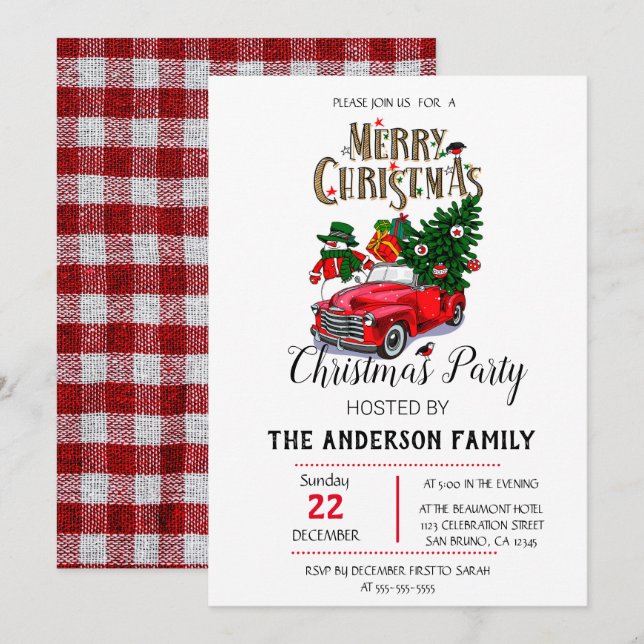 Rustic Watercolor Red Truck Christmas Invitation (Front/Back)