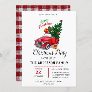 Rustic Watercolor Red Truck Christmas Invitation