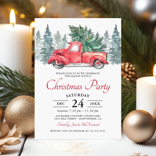 Rustic Watercolor Red Truck Christmas Party Invitation