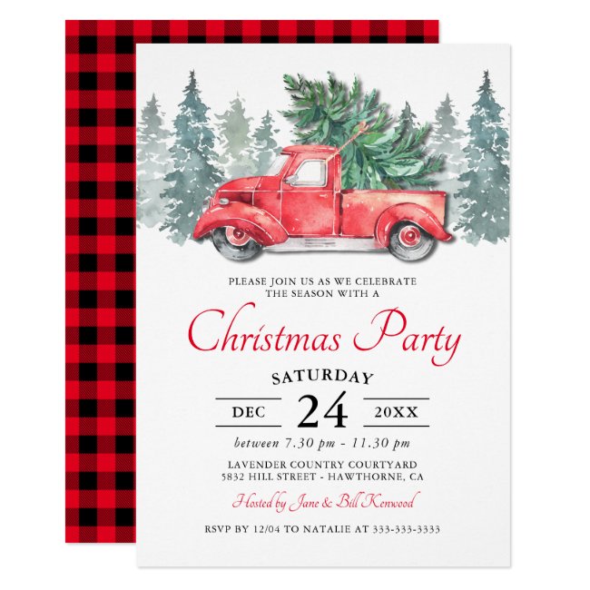 Rustic Watercolor Red Truck Christmas Party Invitation