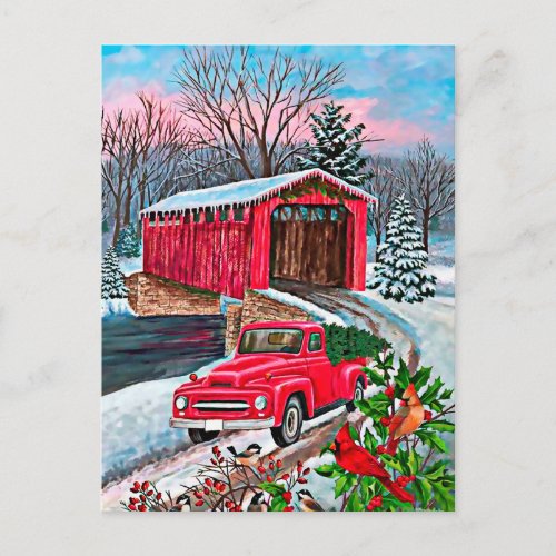 Rustic Watercolor Red Truck Christmas Postcard