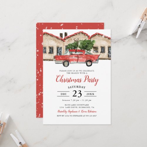 Rustic Watercolor Red Truck House Christmas Party Invitation