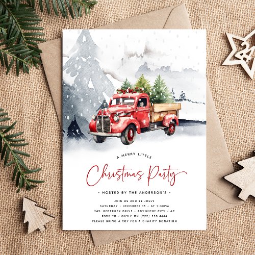 Rustic Watercolor Red Truck Winter Christmas Party Invitation