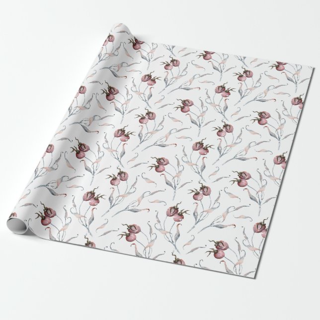 Rustic Watercolor Red Winter Berries and Leaves Wrapping Paper (Unrolled)