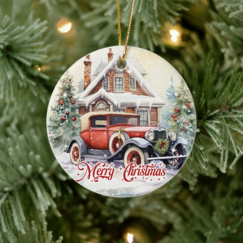 Rustic watercolor retro car and Christmas house Ceramic Ornament