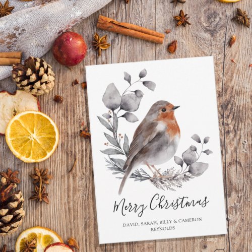 Rustic Watercolor Robin Botanical Christmas Holiday Card